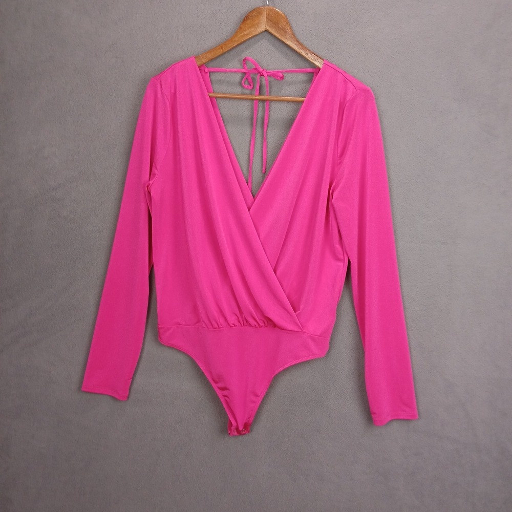 Express One Piece Bodysuit Womens Medium Hot Pink Surplice Neck Y2K